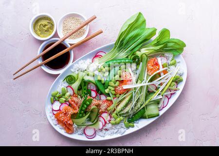 Sashimi-Lachs-Platte mit klebrigem Sushi-Reis, Edambohnen, Bok Choi, Rettich, Gurkenscheiben und Frühlingszwiebeln Stockfoto