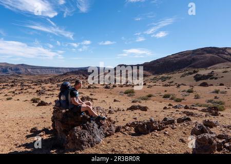 Mann auf Felsen mit Blick auf die trockene Wüstenebene La Canada de los Guancheros und den Vulkan Pico del Teide, Mount Teide National Park, Teneriffa, Kanarische Inseln, Stockfoto