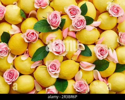 Zitronen und rosa Rosenblätter mit Blättern (gesamtes Bild) Stockfoto