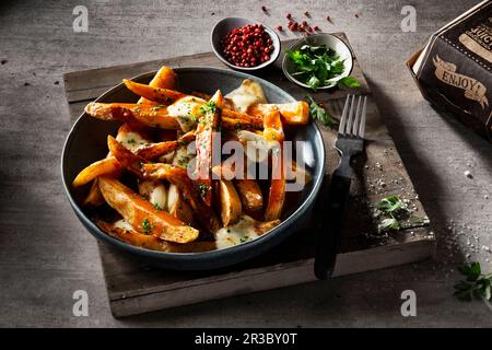 Kanadische Poutine (Fast Food-Spezialität aus pommes frites, Käse und Soße) Stockfoto