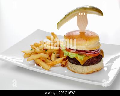 Ein Cheeseburger auf einem Brioche-Brötchen mit Salat, Tomaten und Zwiebeln, serviert mit pommes frites und einer Dill-Gurke Stockfoto