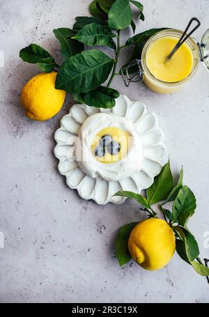 Zitronenfrikadelle in Baiser-Nestern mit Blaubeeren Stockfoto