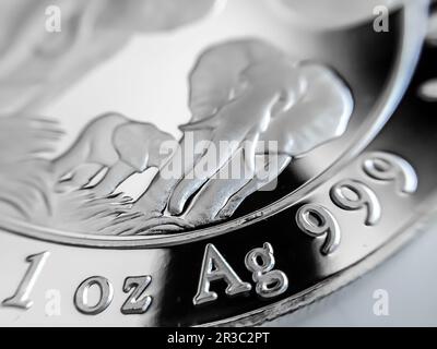 Makro-Nahaufnahme einer 999 % silbernen Goldmünze Stockfoto