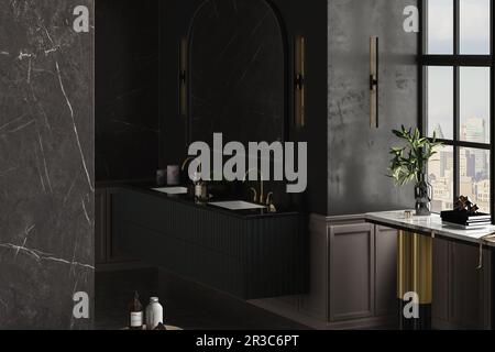 Modernes Luxus-Badezimmer, dunkle Marmorhintergrundwände, weiße Badewanne, Doppelwaschbecken, Marmorablagefläche, Spiegel, Zimmerpflanzen, Seitenansicht. Modell. 3D Rend Stockfoto