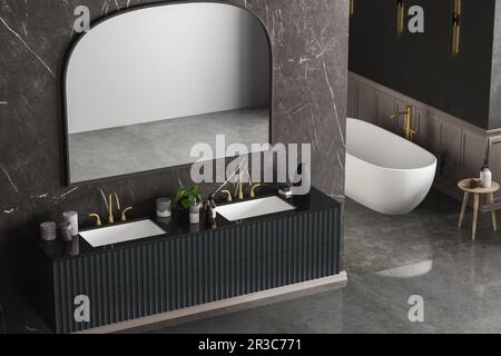 Modernes Luxus-Badezimmer, dunkle Marmorhintergrundwände, weiße Badewanne, Doppelwaschbecken, Marmorablagefläche, Spiegel, Zimmerpflanzen, Seitenansicht. Modell. 3D Rend Stockfoto