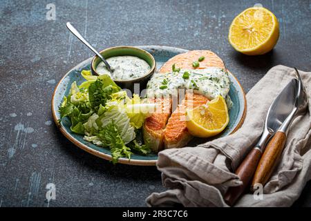 Gesundes Essen gekochtes Lachssteak vom Grill mit weißer Dillsauce und grünen Salatblättern Stockfoto