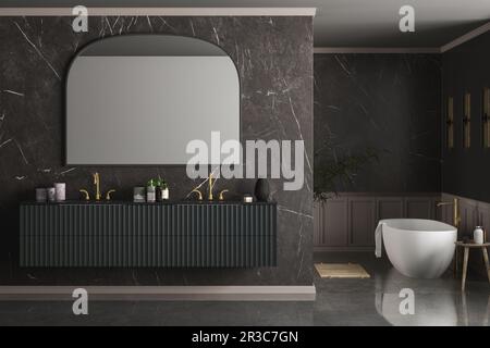 Modernes Luxus-Badezimmer, dunkle Marmorhintergrundwände, weiße Badewanne, Doppelwaschbecken, Marmorablagefläche, Spiegel, Zimmerpflanzen, Seitenansicht. Modell. 3D Rend Stockfoto