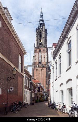 Onze-Lieve-Vrouwetoren (der Turm unserer Lieben Frau) aus Krankeledenstraat in der niederländischen Stadt Amersfoort, Niederlande, Europa. Stockfoto