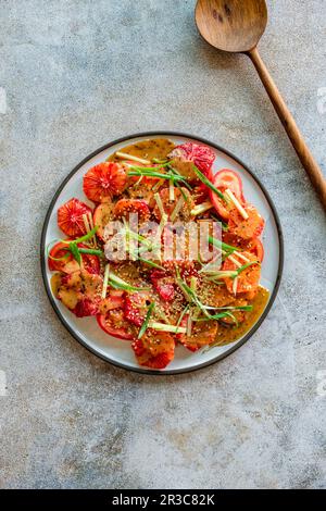 Blood Orange and Tomato Salad mit Tahini, Soja und Aleppo Pepper Dressing Stockfoto