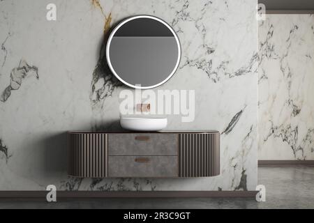 Modernes Luxus-Badezimmer, weiße Marmorwände, Badewanne, Betonboden, Zimmerpflanzen, toilette, Bidet, Vorderansicht. Wunderschönes Zimmer mit modernen Möbeln und Stockfoto