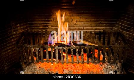 Brennenden Holzscheite in einem Winter Kamin Stockfoto