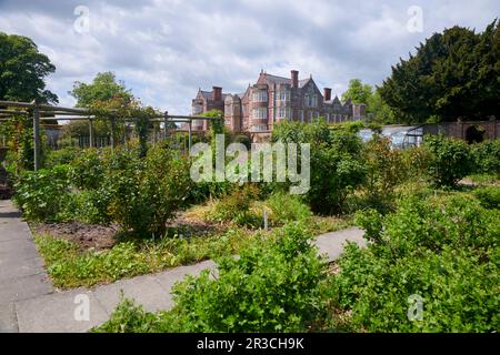 Das elisabethanische Herrenhaus von Burton Agnes Hall aus dem ummauerten Garten, Burton Agnes, East Riding of Yorkshire, England. Stockfoto