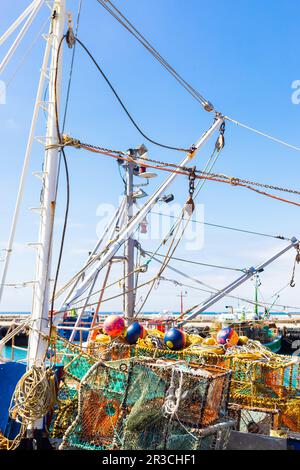 Flusskrebsnetze und Fallen auf einem kleinen Fischerboot Stockfoto