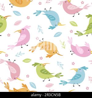 Lustiger Vogel mit Blättern und Blumen. Hübsches Nahtloses Muster zum Einpacken von Papier, Tapeten, Taschen, Drucken für kindliche Textilien, Kissen, Karten, T-Shirts Stock Vektor