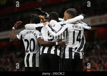 Demba Ba von Newcastle United feiert mit seinen Teamkollegen, nachdem er das Spiel 1:1Arsenal 29/12/12 Arsenal V Newcastle United 29/12/12 geschafft hat Stockfoto