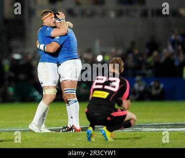 Jamie Heaslip von Leinster feiert bei der Endpfeife des Amlin Challenge Cup-Finales zwischen Leinster Rugby und Stade Francais in der RDS Arena, Stockfoto