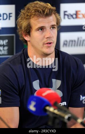 Aurelien Rougerie von ASM Clermont Auvergne, auf der Pressekonferenz des Captain's Run vor dem Finale des Heineken-Pokals am Freitag im Aviva-Stadion in Dublin Stockfoto