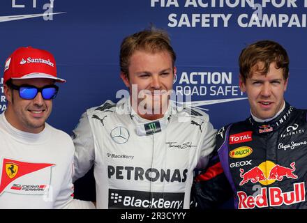 Fernando Alonso (ESP), Scuderia Ferrari, Nico Rosberg (GER), Mercedes GP und Sebastian Vettel (GER), Red Bull Racing 20.04.2013. Formel-1-Weltmeister Stockfoto