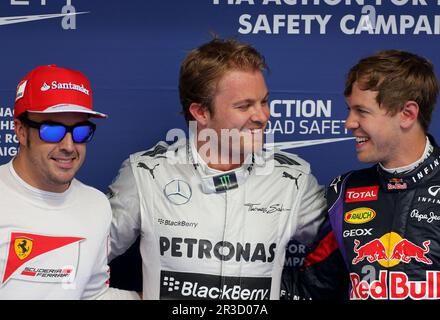 Fernando Alonso (ESP), Scuderia Ferrari, Nico Rosberg (GER), Mercedes GP und Sebastian Vettel (GER), Red Bull Racing 20.04.2013. Formel-1-Weltmeister Stockfoto