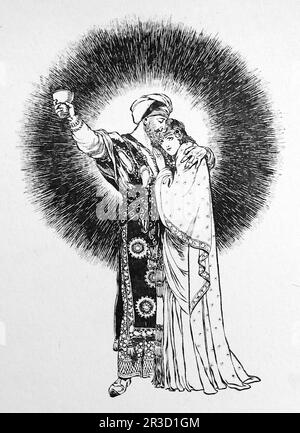 Von Rene Bull Strichzeichnung eines Mannes, der eine Frau umarmt, seinen Arm mit einer Tasse Wein gestreckt. Vom Rubaiyat von Omar Khayyam. Stockfoto