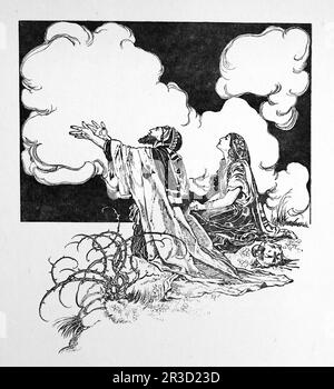 Von Rene Bull Eine Linie von einem Mann und einer Frau, hält er seine flehenden Hände bis zu einem bewölkten Himmel. Vom Rubaiyat von Omar Khayyam. Stockfoto