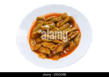 Traditionelle, köstliche türkische Speisen, grüne Bohnen mit Olivenöl, türkischer Name: Zeytinyagli taze fasulye Stockfoto