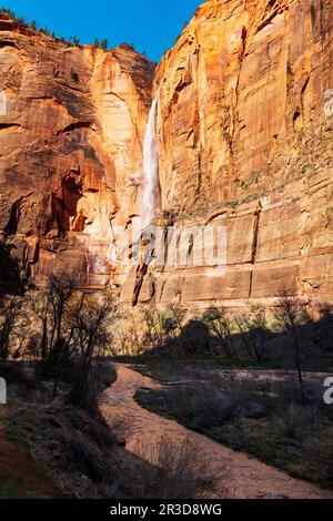 Telefon Wasserfall vom Riverside Walk Trail aus gesehen; Zion-Nationalpark; Utah; USA Stockfoto