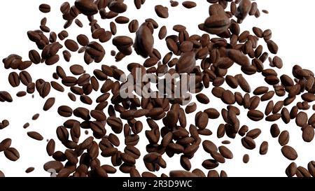 Kaffeebohnen fallen auf einen weißen Hintergrund. Geröstete Kakaobohnen. 3D-Rendern Stockfoto