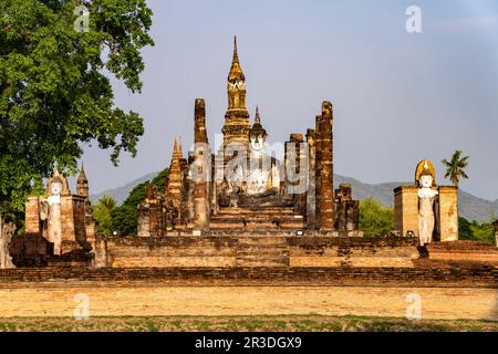 Buddha-Statue im zentralen buddhistischen Tempel Wat Mahathat, UNESCO Welterbe Geschichtspark Sukhothai, Thailand, Asien | Buddha-Statue im Zentrum Stockfoto