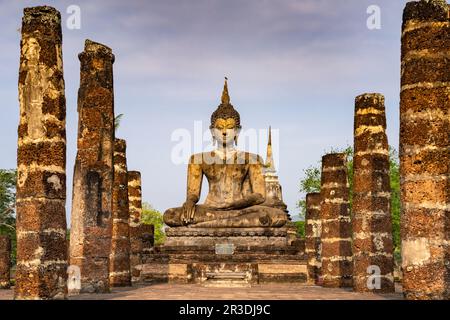 Buddha-Statue im zentralen buddhistischen Tempel Wat Mahathat, UNESCO Welterbe Geschichtspark Sukhothai, Thailand, Asien | Buddha-Statue im Zentrum Stockfoto