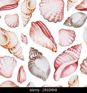 Nahtloses, wasserfarbenes Meeresmuster mit Muscheln. Nahtloses Aquarell-Muster. Hintergrund von meerfarbenen Muscheln. Für Stoff, Textil Stockfoto