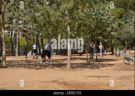 Viladecans - 20. Mai 2023: Seniorengruppe, die an einem sonnigen Tag im Park unter einigen Bäumen trainiert Stockfoto