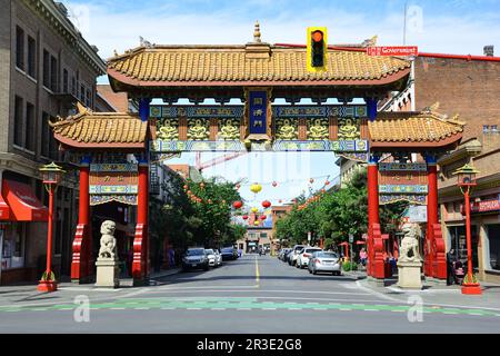 Der Eingang von Chinatown in Victoria BC, Kanada, wird von den Toren von Harmonious Interest bewacht. Erkunden Sie Victoria und Chinatown. Stockfoto
