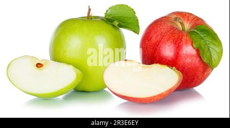 Äpfel Früchte grün rot Apfelfrucht mit Blättern abgeschnitten isoliert Stockfoto