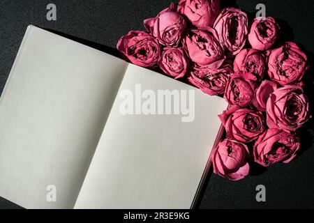 Weihnachtsmodell, pinkfarbene Rosen mit Notizbuch zum Geburtstag, Valentinstag der Mütter und Frauen, Blumenstrauß am Morgen. Peonie Stockfoto