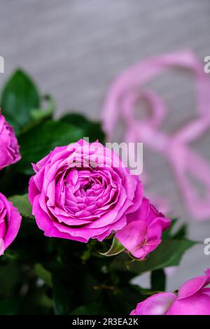 Urlaubskonzept, Strauß Rosen zum Geburtstag, Valentinstag Mütter Frauentag, Blumenstrauß am Morgen. Pfingstrosen Stockfoto