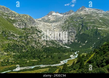 Das eisfreie Bett des Rhone-Gletschers und der jungen Rhone am Furka-Pass, Gletsch, Wallis, Schweiz Stockfoto