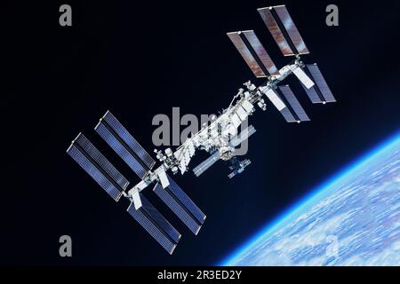 Internationale Raumstation in der Erdumlaufbahn. Elemente dieses Bildes, die der NASA entsprechen. Stockfoto
