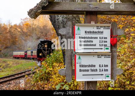 Wegweiser für Wanderwege Selketal Harz im Herbst Stockfoto