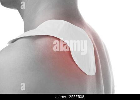 Hitzewallungen an der männerschulter. Stockfoto