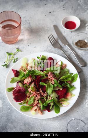 Gesunder frischer Salat. Rote Bete, Mangold und Thunfischkonserven. Gesunde Mahlzeit Rezepte Zubereitung. Pflanzliche Gerichte. Grünes Leben Stockfoto