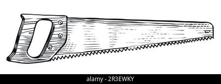 Handgezeichnete Skizze einer Handsäge. Holzbearbeitungswerkzeug. Detaillierte Zeichnung im Vintage-Ätzstil. Darstellung des Sägevektors Stock Vektor