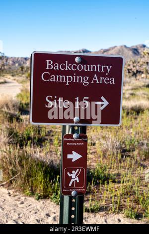 Ein NPS-Schild weist auf einen Campingplatz im Hinterland hin. Entlang des Boy Scout Trail. Joshua Tree National Park, Kalifornien, USA an einem wunderschönen Frühlingstag. Stockfoto