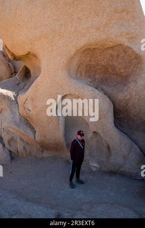 Ein Mann steht vor Skully Rock. Joshua Tree National Park, Kalifornien, USA an einem wunderschönen Frühlingstag. Stockfoto