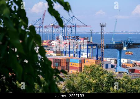 Odessa Ukraine - Juli 2021: Massengutfrachtschiff unter Last von Klinkerladungen durch Landkräne mit Greifern. Seehafen A Stockfoto