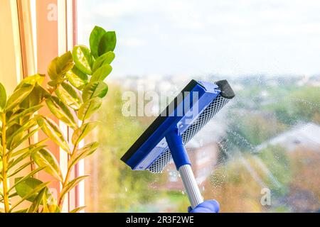 Die Hand des Mitarbeiters in einem Gummischutzhandschuh reinigt die Scheibe mit Schaumstoff und Abzieher. Allgemeine Frühjahrsputz. Hausarbeit und Housekeeping Stockfoto