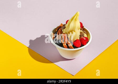 Gefrorener Joghurt mit Himbeeren, Heidelbeeren, Schokoladentropfen und Pekannüssen. Hartes Licht, tiefer Schatten Stockfoto