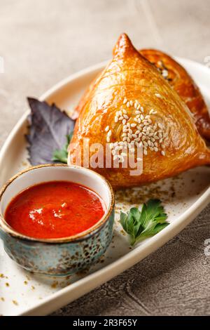 Samosa, samsa Fleisch gefüllte Pasteten. Usbekisches Nationalgericht Samosa. Konzept der zentralasiatischen, südasiatischen und ostasiatischen Küche Stockfoto