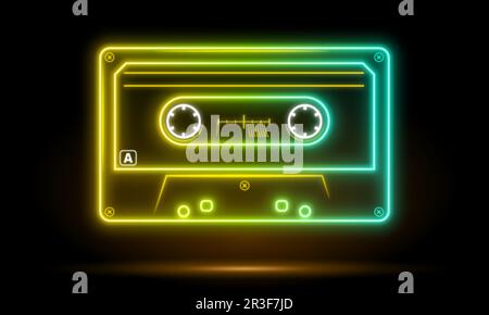 Leuchtende Neon-Retro-Musiccasette im Stil der Achtziger, Kassette, Vektorbild-Illustration, Mix-Tape-Retro-Kassettendesign, Musik-Vintage Stock Vektor