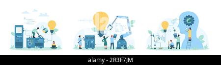 Technologieinnovation Vektordarstellung. Cartoon winzige Menschen bauen helle Glühbirnen mit Schaltkreisen im Inneren, verwenden einen Roboterarm, arbeiten mit Laborgeräten und digitaler Gehirnverbindung Stock Vektor